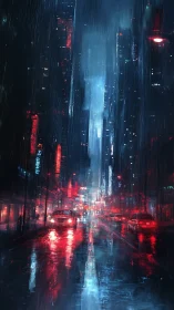Rain-soaked cyberpunk avenue glows under red neon glare