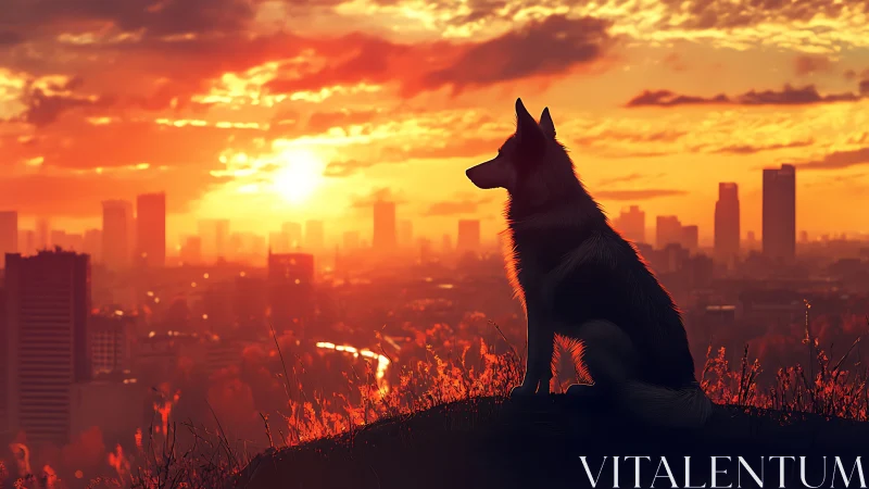 Canine silhouette overlooking urban skyline at fiery sunset
