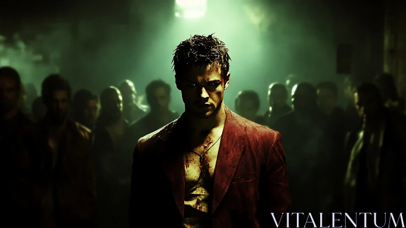 Brooding rebel in crimson jacket amid shadowed crowd.