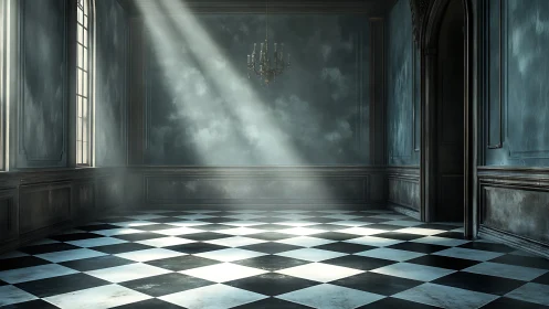 Volumetric light penetrates a neoclassical hall with tiled floor