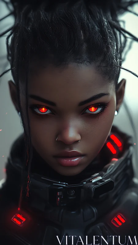Cybernetic subject with glowing red eyes faces camera directly