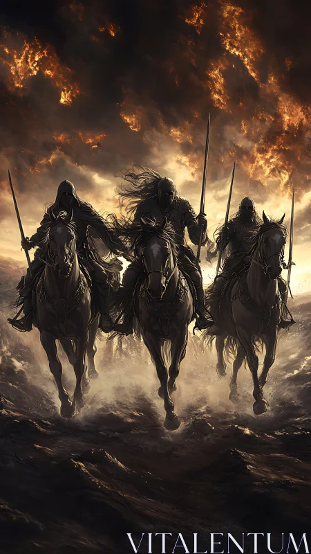 Dark riders charge beneath infernal storm skies in motion.