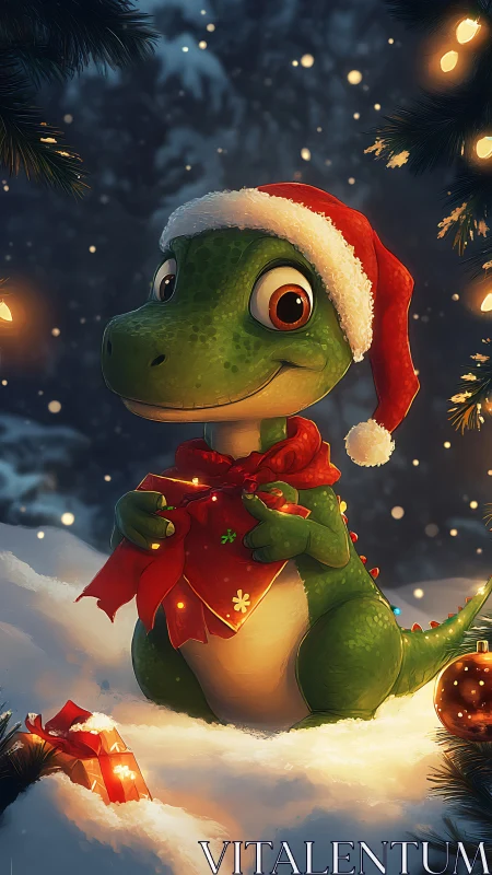 Festive baby dinosaur in snow with glowing Christmas lights.