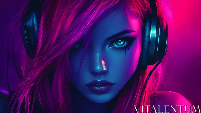 Neon-bathed cyber DJ portrait with high-contrast chromatic lighting.
