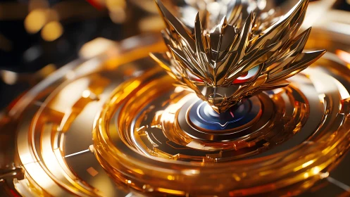 Futuristic Golden Dragon Beyblade Close-Up in Dynamic Lighting.