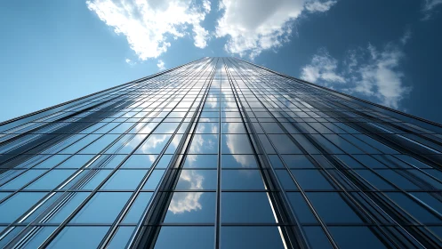 Glass curtain wall skyscraper with reflective facade perspective
