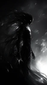 Monochrome wraith silhouette in high-contrast digital painting.