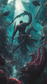 Underwater humanoid figure amid predatory sea creatures.