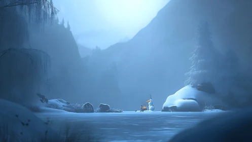 Snow-covered valley landscape isolates a cartoon snowman by fire