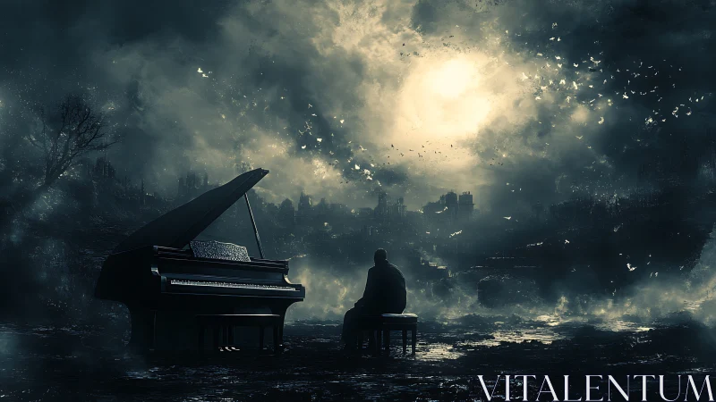 Solitary pianist beneath apocalyptic moonlit stormscape.