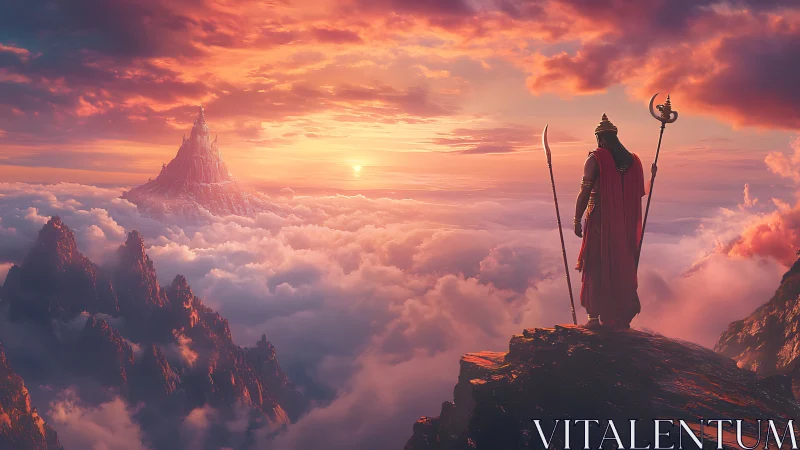 Armored figure on cliff above clouds facing distant peak.