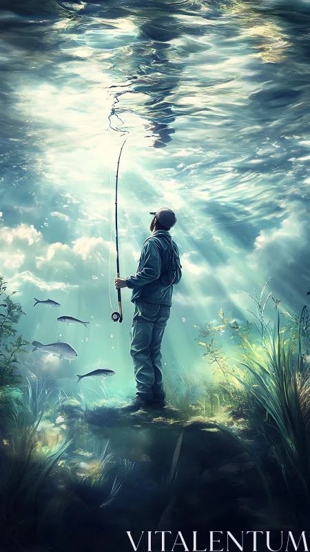 Underwater view of standing angler with fish and sunlight.