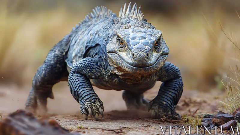 Desert dragon strolls forward, armored scales catching light