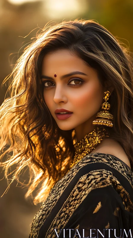 Portrait of woman in black saree with gold jewelry.