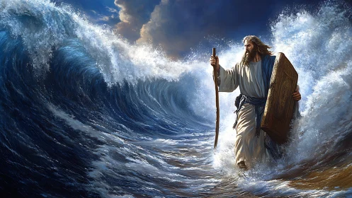 Biblical prophet dividing stormy sea with staff and tablets.