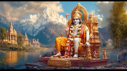 Divine golden deity enthroned before hyperreal Himalayan landscape