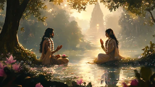 Sacred river meeting bathed in soft golden morning light.