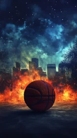 Basketball sits before burning city skyline under night sky