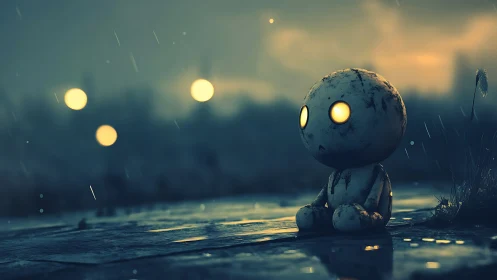 Lonely weathered robot doll in rainy dusk street environment