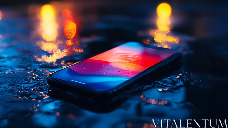 Glowing Smartphone Submerged in Neon-Lit Digital Landscape.