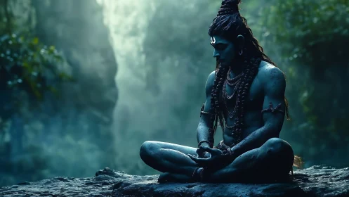 Blue-skinned meditative figure seated in serene forest setting.