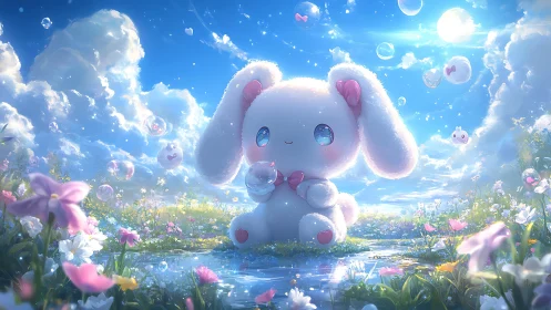 Luminous plush bunny in bubble-suffused floral skyscape panorama.