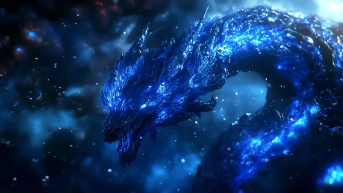 Glowing blue cosmic dragon curves through deep space