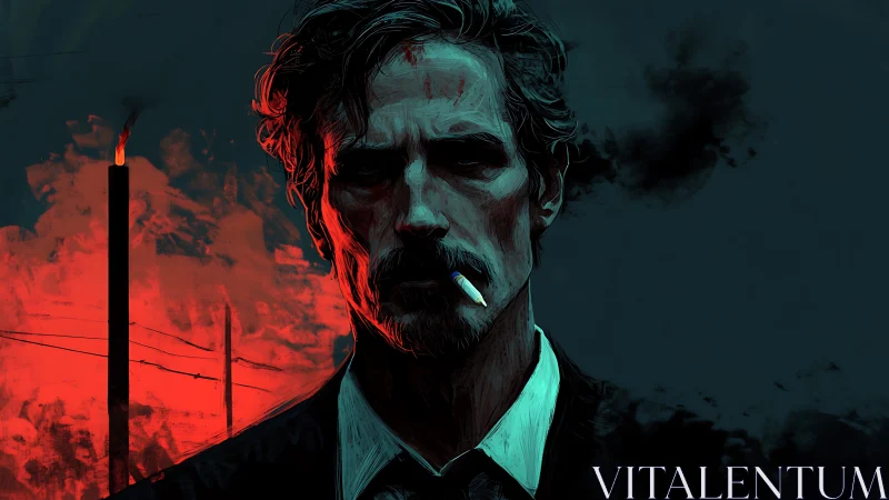 Smoldering drifter stalks the neon ash of a poisoned skyline.