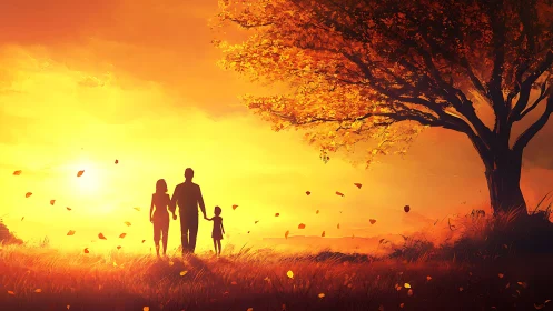 Digital sunset family silhouette under autumn tree panorama.