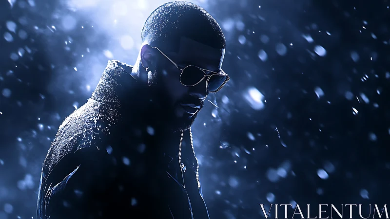 Backlit male portrait in snowfall uses cinematic blue lighting
