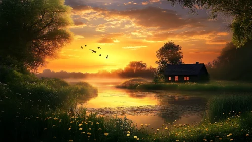 Digital painting of riverside cabin at luminous sunset glow.