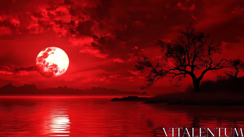 Crimson lunar seascape with silhouetted tree and reflective ripples