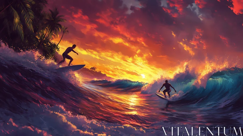 Surfers carve glowing sunset waves in a tropical paradise
