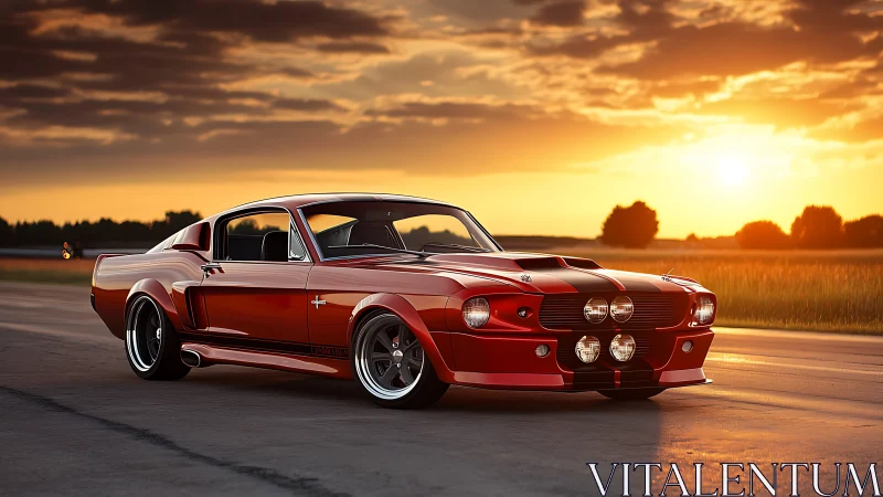 Red classic fastback car is parked on rural airstrip at sunset