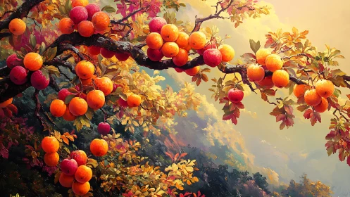 Sunlit autumn orchard branch glowing with ripe, golden fruit.