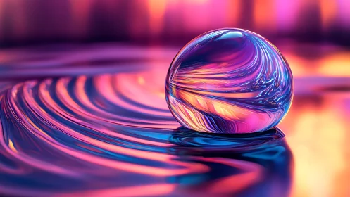 Glass sphere on reflective surface with neon gradient light.