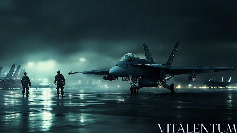 Rain-soaked flight line vigil with a brooding fighter jet.