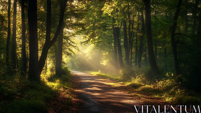 Sunlit forest path with glowing morning rays in natural style.