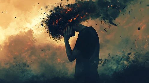 Silhouette with dissolving head amid dense smoke field.