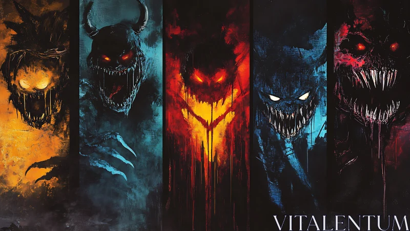 Vertically split demonic portraits rendered in high contrast neon hues