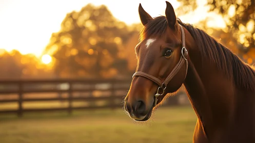 Chestnut horse in pasture at sunset with soft background blur.