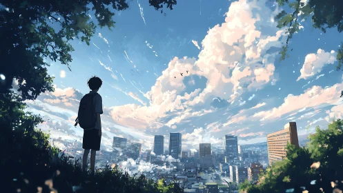 Anime cityscape vista with lone student under summer sky.