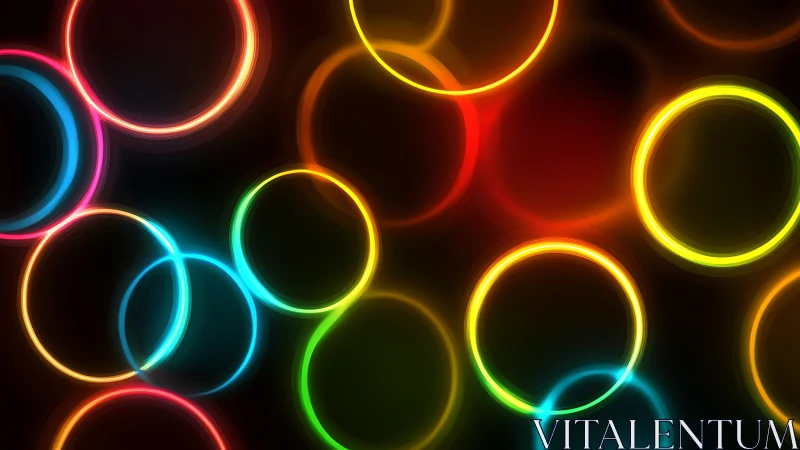 Neon light rings overlap on deep black background in motion