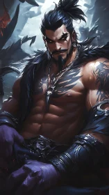 Muscular fantasy warrior in fur and armor sitting calmly.