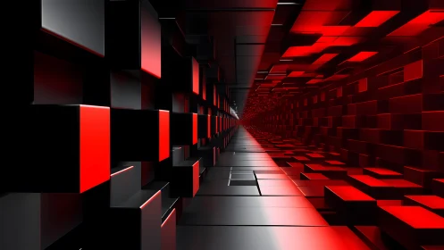 Futuristic 3D Red and Black Cubes Tunnel Digital Art Scene.