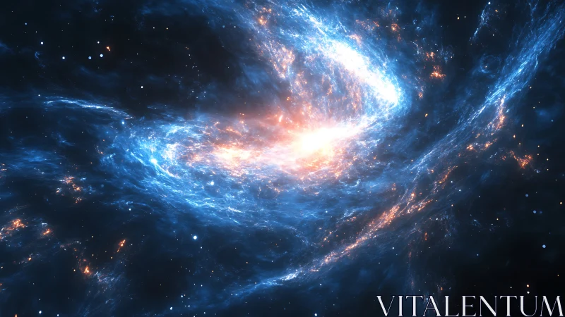 Twin spiral nebulae collide in luminous blue and ember light.