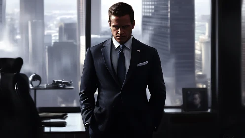 Professional man in navy suit standing in high-rise office