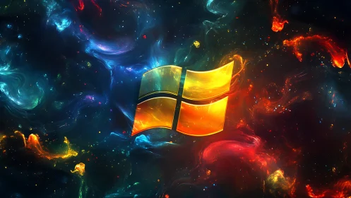 Glowing golden window emblem in swirling cosmic nebula field.