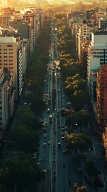 Golden light flows gently along a tree-lined city avenue