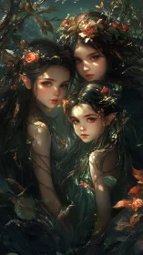 Three elf girls stand close together in dense forest light